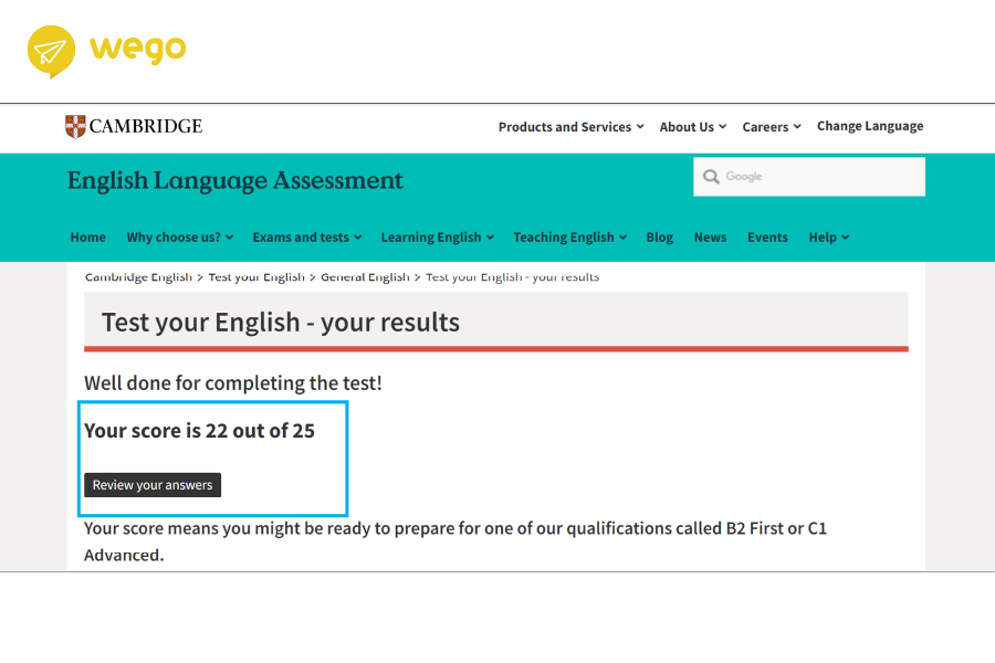 劍橋英語測驗結果示意圖
