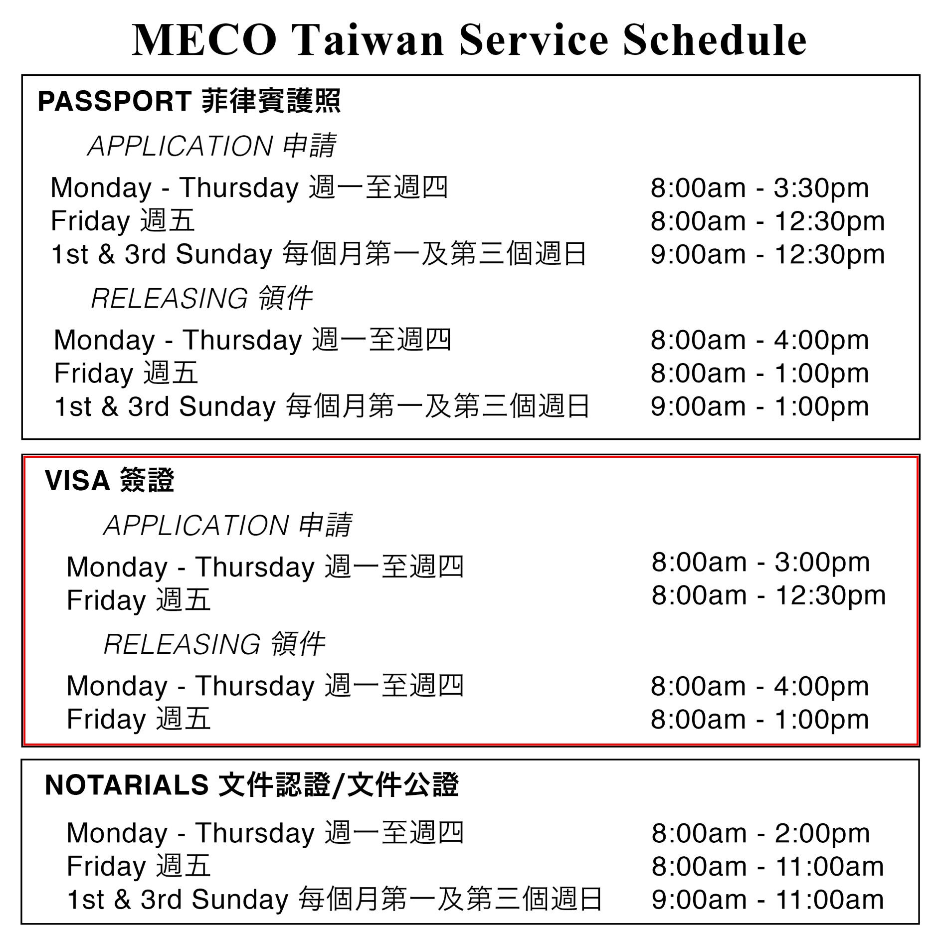 馬尼拉經濟文化辦事處辦理與領取時間總表